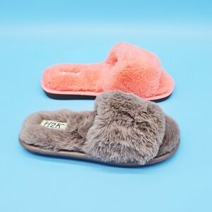 KIDS(9-3)Fuzzy Slide Slippers - Brown and Coral Pink